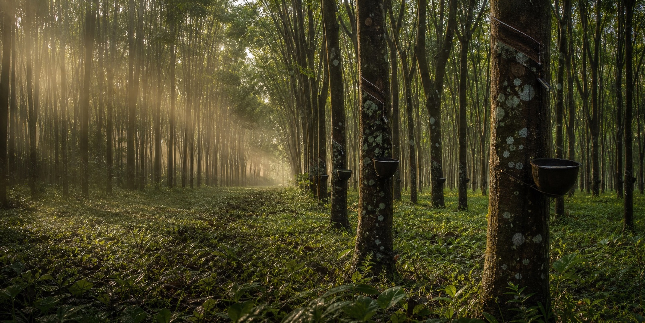 Rubber trees at sunrise in a Vietnamese plantation